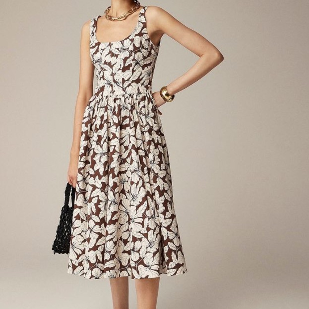 J. Crew Fit‎ and Flare Midi Dress Brown Floral Cotton Poplin Sleeveless Size 00